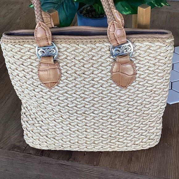 Brighton Eva Straw Tote Purse Leather Handles Shoulder Bag Sand-Pearl - Picture 6 of 9
